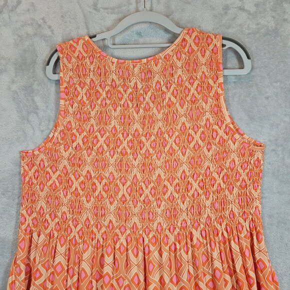 Croft & Barrow Sleeveless Smocked Geometric Midi Dress PXXL Orange Pink Pockets - Picture 9 of 13